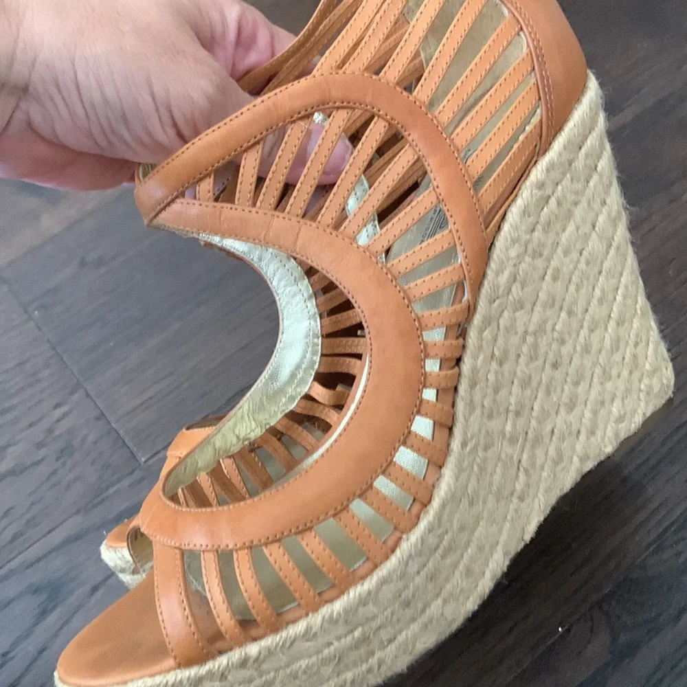 Belle by Sigerson Morrison luggage tan 70s wedges retro style